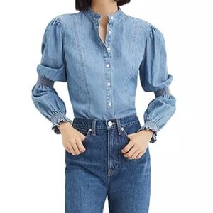 Veronica Beard Dalton Smocked Sleeve Denim Shirt